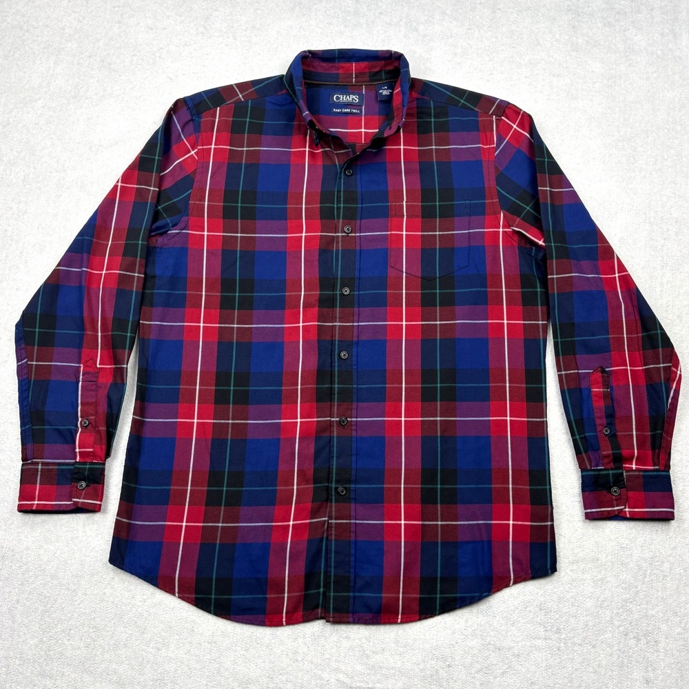 Chaps Mens Large Red Blue Plaid Easy Care Twill Long Sleeve Button Down Shirt L